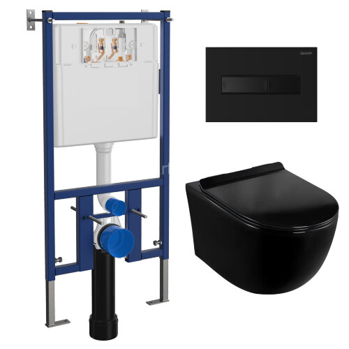 Сет LORANTO Инсталляция с кнопкой Line черная матовая + унитаз CANTO чёрный матовый с сиденьем микро