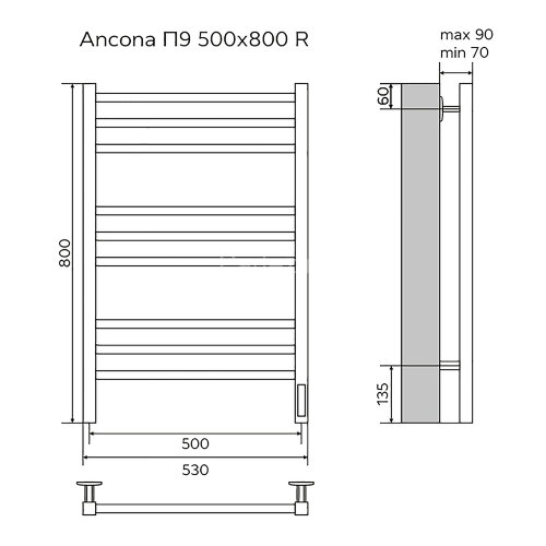 Полотенцесушитель электрический AZARIO ANCONA 500/800 квадрат, 9 секций, диммер справа, белый (AZ718