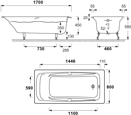 Ванна чугунная Jacob Delafon REPOS 170х80 с антискользящим покрытием, с отверстиями для ручек (E2915