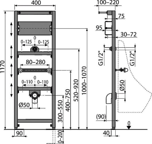 Alcadrain A107S/1200 Рама для писсуара, с возможностью крепления сенсорного устройства