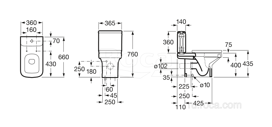 Roca DAMA-N Низ к унитазу напольный, горизонтальный выпуск, 660 мм
