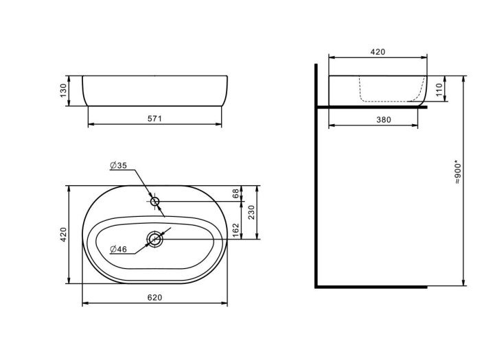 Раковина накладная AQUATON Одри 620х420х130 фарфор, белая (1WH501710)