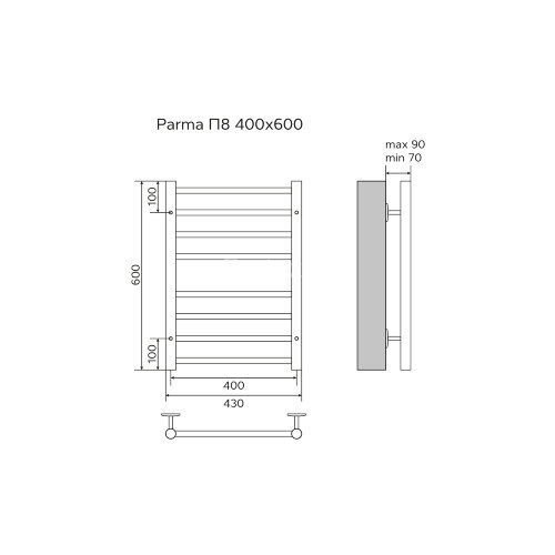 Полотенцесушитель водяной AZARIO PARMA 400/600 8 секций, нижнее/диагональное подключение, 1/2", хром