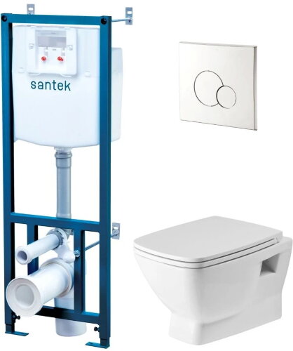 ПЭК: Santek Нео rimless подвесной безободковый унитаз с сиденьем + инсталляция + панель смыва хром (
