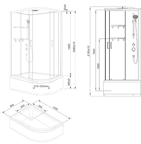 Душевая кабина Loranto NEO 120x80x(170+38) левая, с высоким поддоном 38см, прозрачное закаленное стекло 4 мм, задние стеклянные стенки белые, с двумя