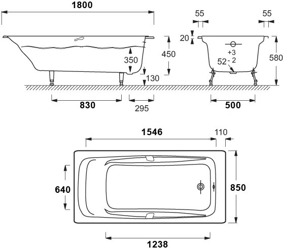 Ванна чугунная Jacob Delafon REPOS 180х85 с антискользящим покрытием, с отверстиями для ручек (E2903