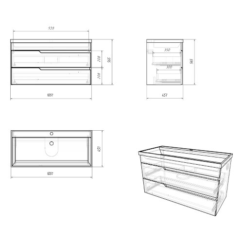 Комплект тумба Итана Sky 100 (1001х451х520) подвесная, с раковиной Clarissa 100, белый глянец (CS000
