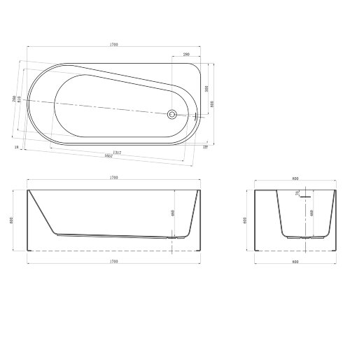 Ванна акриловая AZARIO FANO 1700х800х600 пристенная, в комплекте с сифоном и металлической рамой, пр