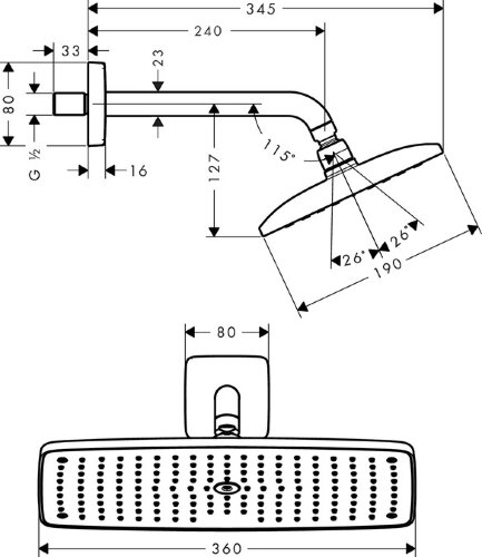 Hansgrohe 27371000 Raindance Верхний душ Raindance E 360 AIR 1jet, держатель 223 мм, 1/2