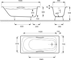 Ванна чугунная Jacob Delafon MELANIE 160x70 см с антискользящим покрытием, с отверстием для ручек,