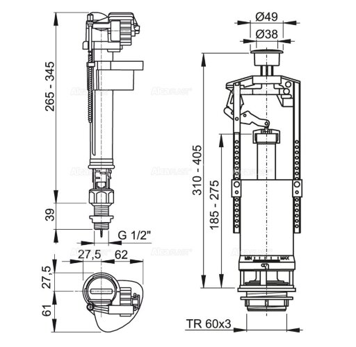 Выпускной комплект со стоп кнопкой Alca Plast (SA2000SK 1/2" CHROM)