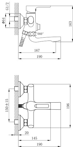 Смеситель Rossinka RS43-36 для ванны универсальный