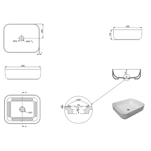 Раковина-чаша Creo Ceramique 500х400х140 накладная, прямоугольная, керамика, серый матовый (PU4200SG