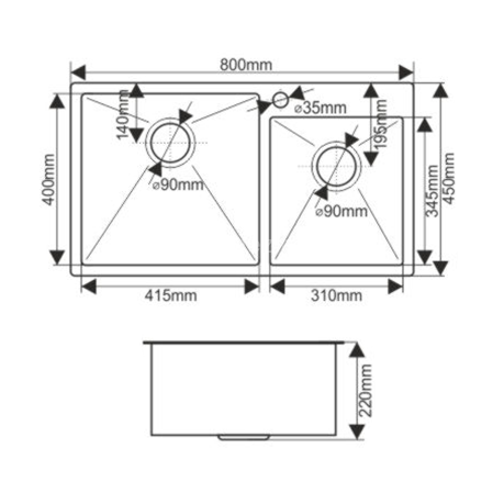 Мойка 8045 MELANA ProfLine 3,0/220 САТИН 2-я чаша, врезная прямоугольная S8045H
