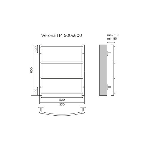 Полотенцесушитель водяной AZARIO VERONA 500/600 4 секции, нижнее/диагональное подключение, 1/2", хро