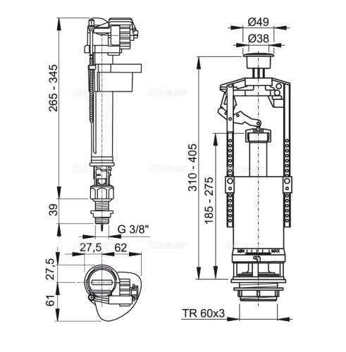 Выпускной комплект Alcaplast, со стоп кнопкой, впускной механизм А17, подключение 3/8'', хром (SA200