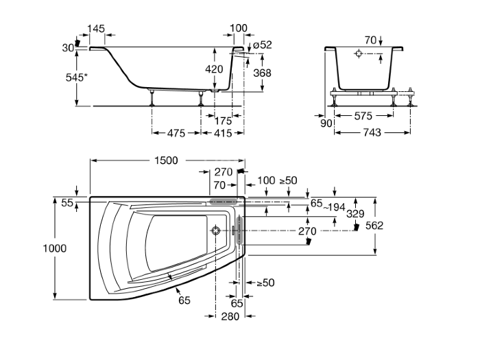 Roca HALL Angular Асимметричная ванна 150*100, левосторонняя